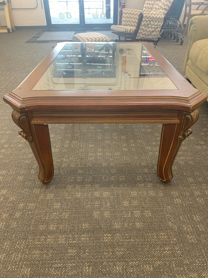 SQUARE SCROLL GLASS TOP COFFEE TABLE.
