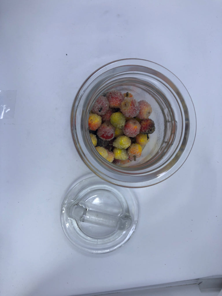 CLEAR GLASS HANDLED JAR W/FAUX GLITTER FRUIT.
