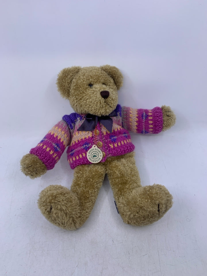 LIGHT BROWN BEAR W/ COLORFUL SWEATER/ PURPLE BOW BOYDS BEAR.