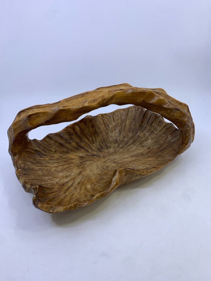 ABSTRACT WOOD BOWL W HANDLE.