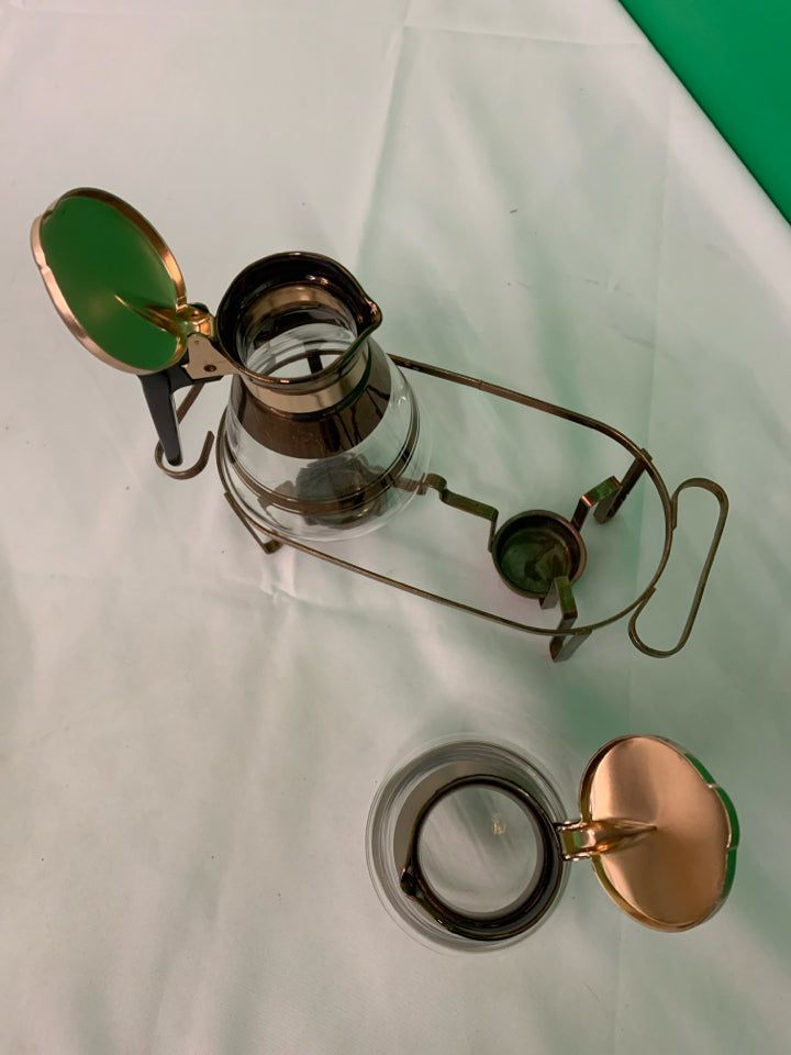 3 PC VTG COPPER TEA SET - 2 CARAFES AND WARMING STAND.