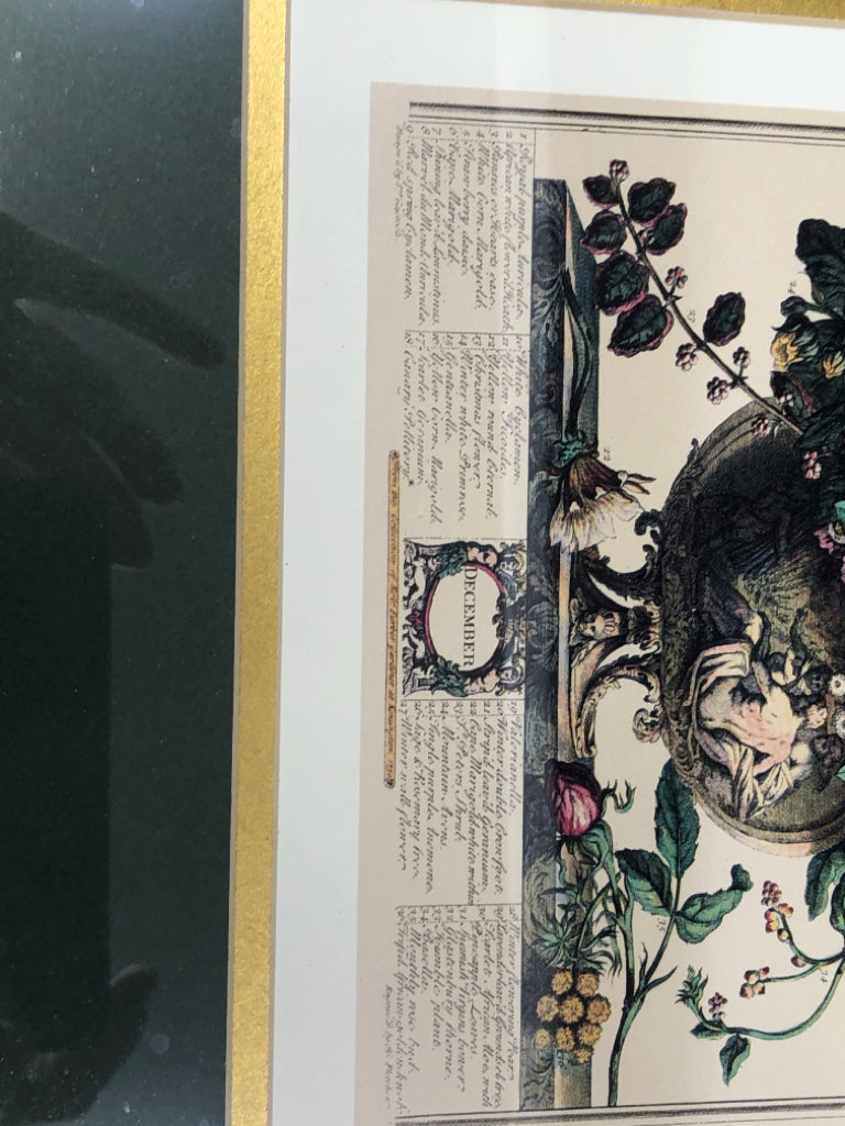 VTG DECEMBER FLORAL GOLD FRAME WALL ART.