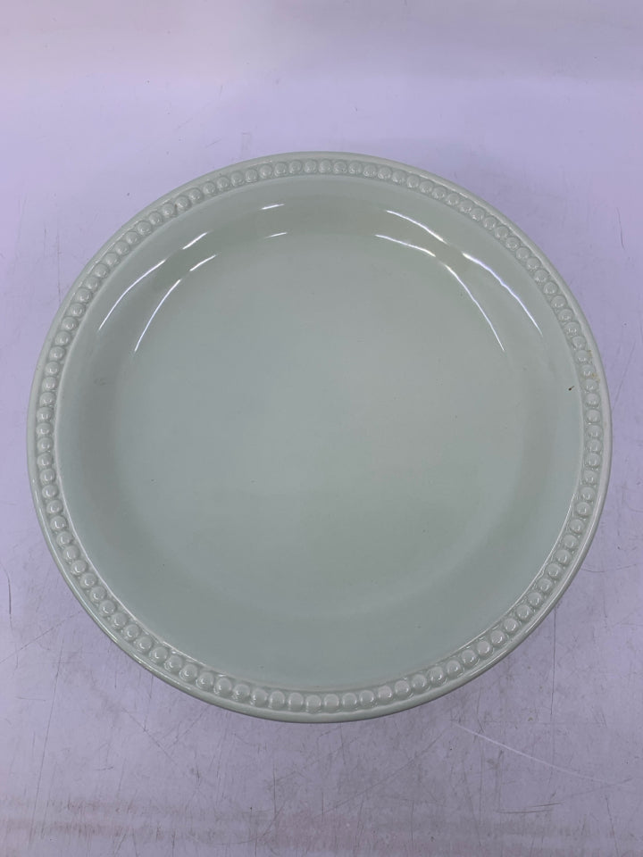 MINT GREEN FOOTED CERAMIC BEADED EDGE CAKE STAND.