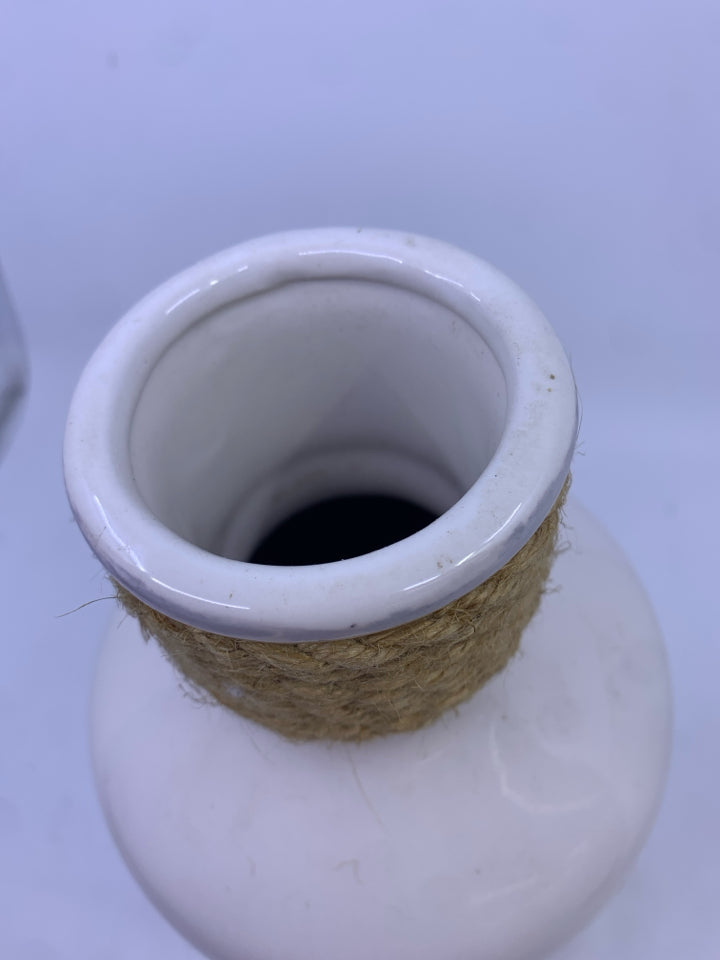 LARGE CERAMIC WHITE VASE W/ BURLAP EMBOSSED MEDALLION.