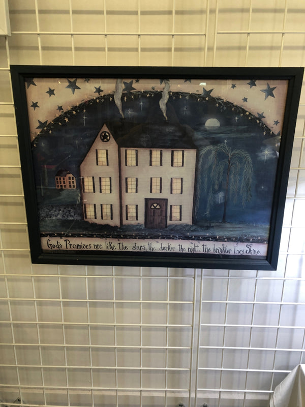 PRIMITIVE HOUSE WALL HANGING IN BLUE FRAME.