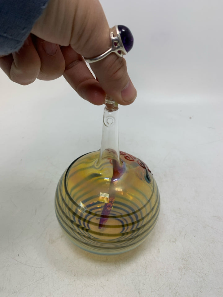 BLOWN GLASS ORB STRIPED W/ RED FLOWER IN CENTER HANGING VASE/HUMMINGBIRD FEEDER