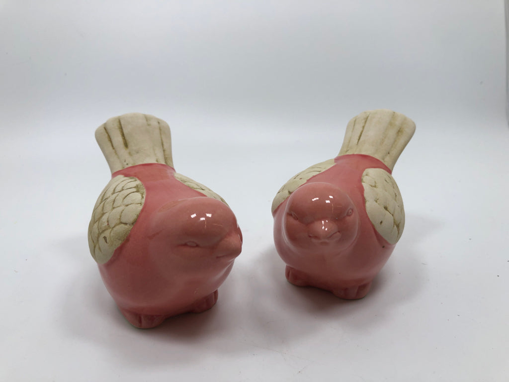 2 PINK & CREAM CERAMIC BIRD FIGURINES.