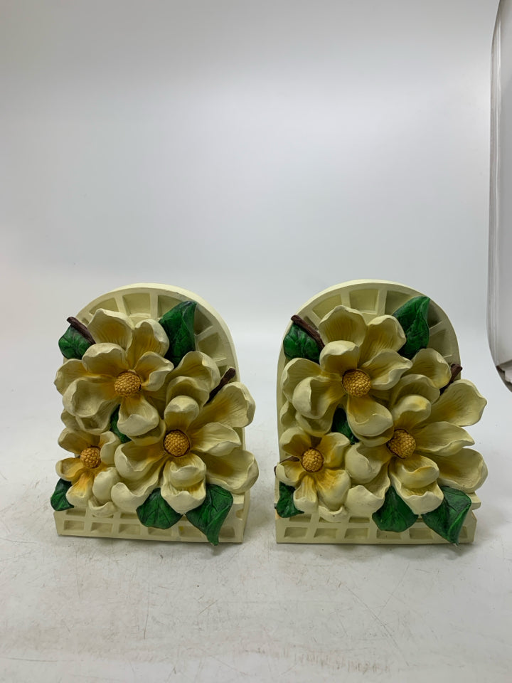 2 HEAVY RESIN ARCHED EMBOSSED YELLOW FLOWERS BOOK ENDS