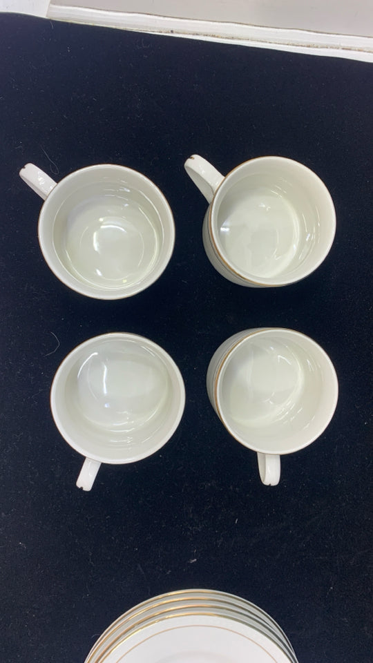 4 CREAM CUPS + SAUCERS- CREAM W/GOLD RIM.