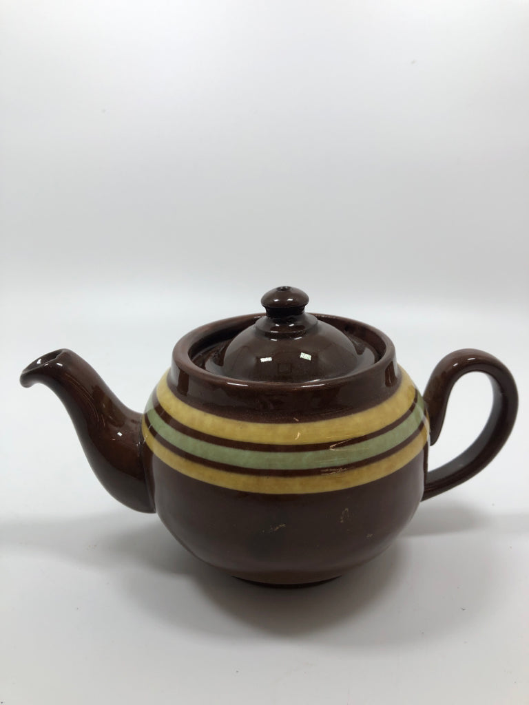 VTG BROWN TEAPOT W GREEN & YELLOW STRIPES.