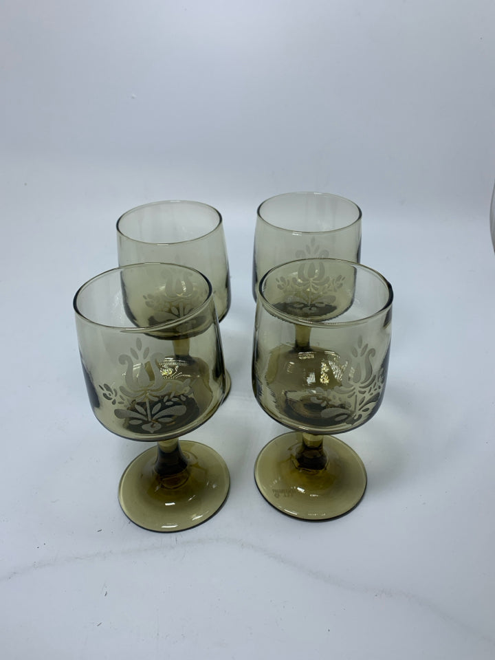4 LIBBEY "VILLAGE" SMOKEY BROWN CORDIAL GLASSES.