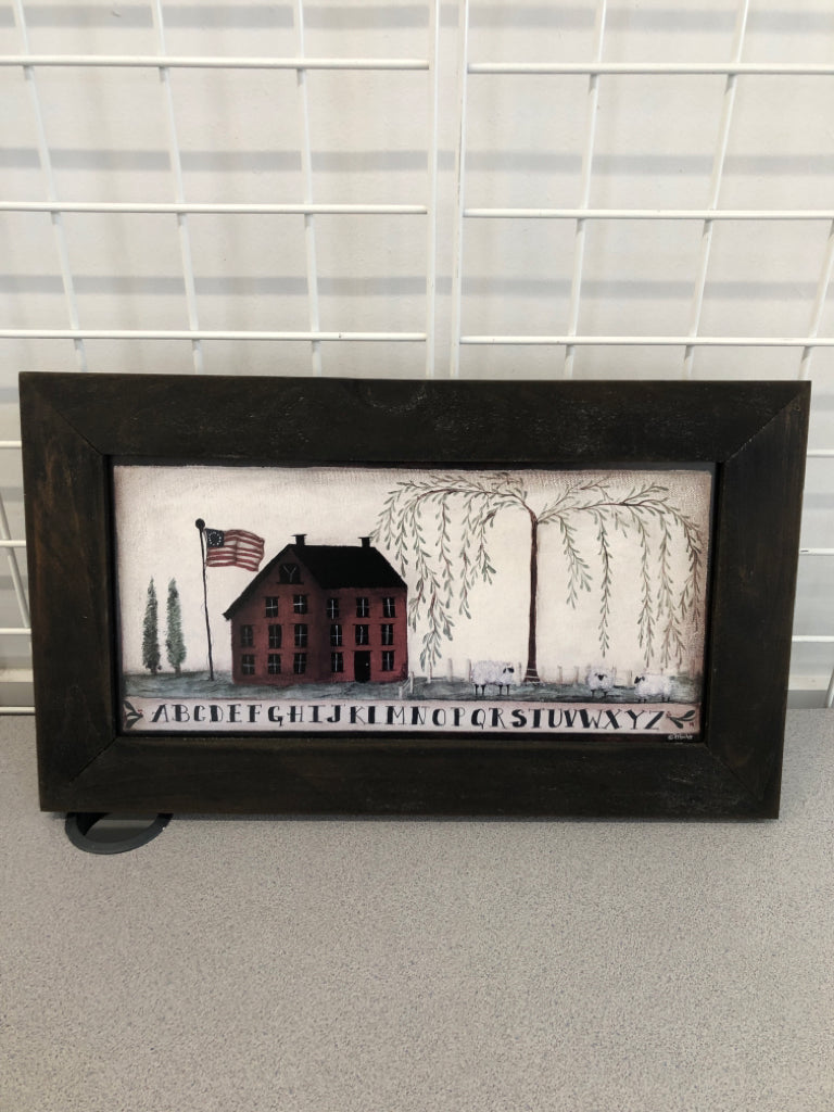 ALPHABET FARM PRINT IN PRIMITIVE WOOD FRAME.