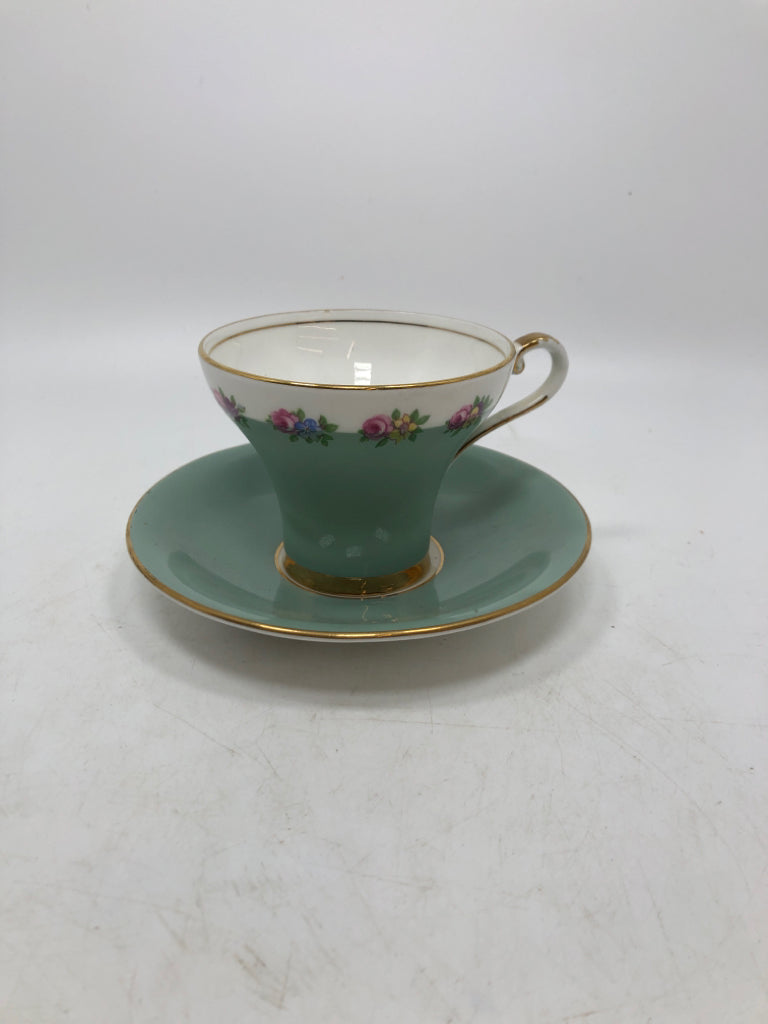 VTG TEAL FLORAL TEACUP/SAUCER.