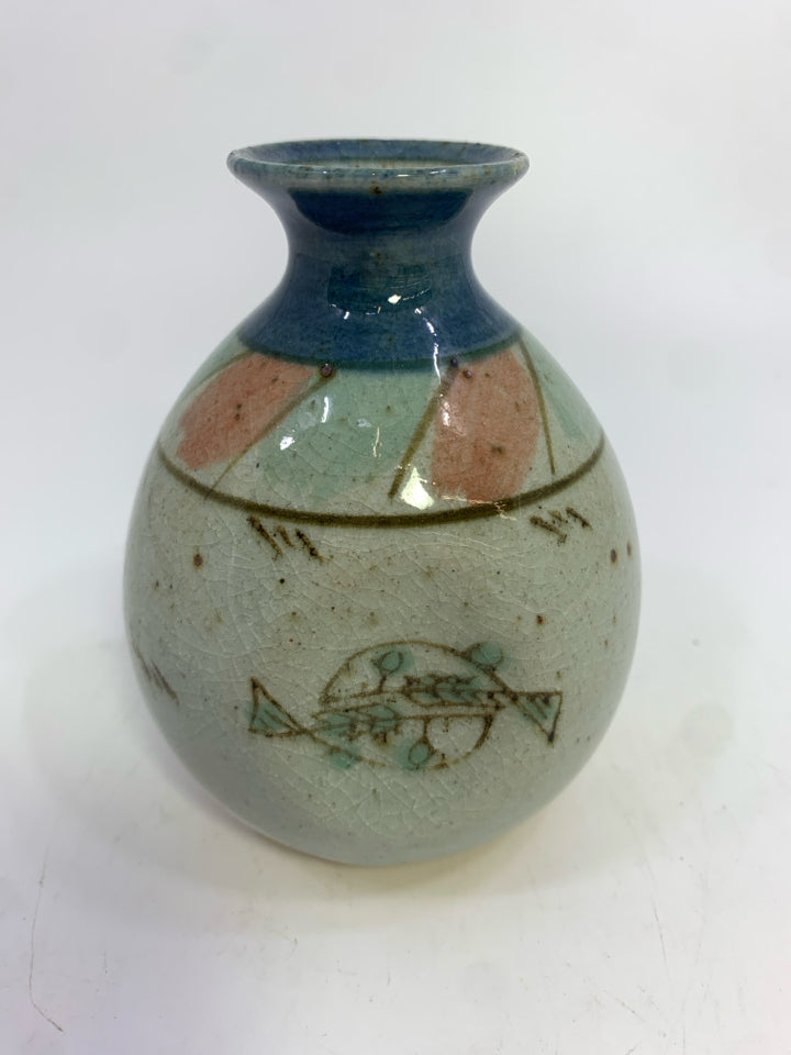 CERAMIC SAKE FLASK W/BLUE NECK.