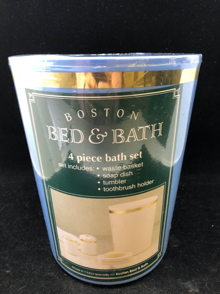 BLUE BOSTON BED AND BATH 4 PC BATH SET.