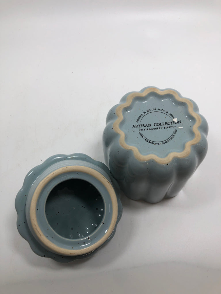 BLUE SPECKLED CERAMIC PUMPKIN JAR.