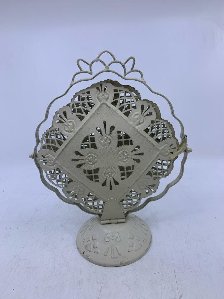 WHITE PIERCED METAL 3 TIER FOLD UP SERVING TRAY.