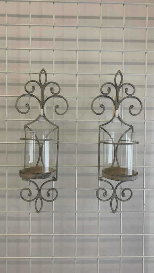 2 DISTRESSED METAL WALL SCONCE WITH GLASS GLOBES.