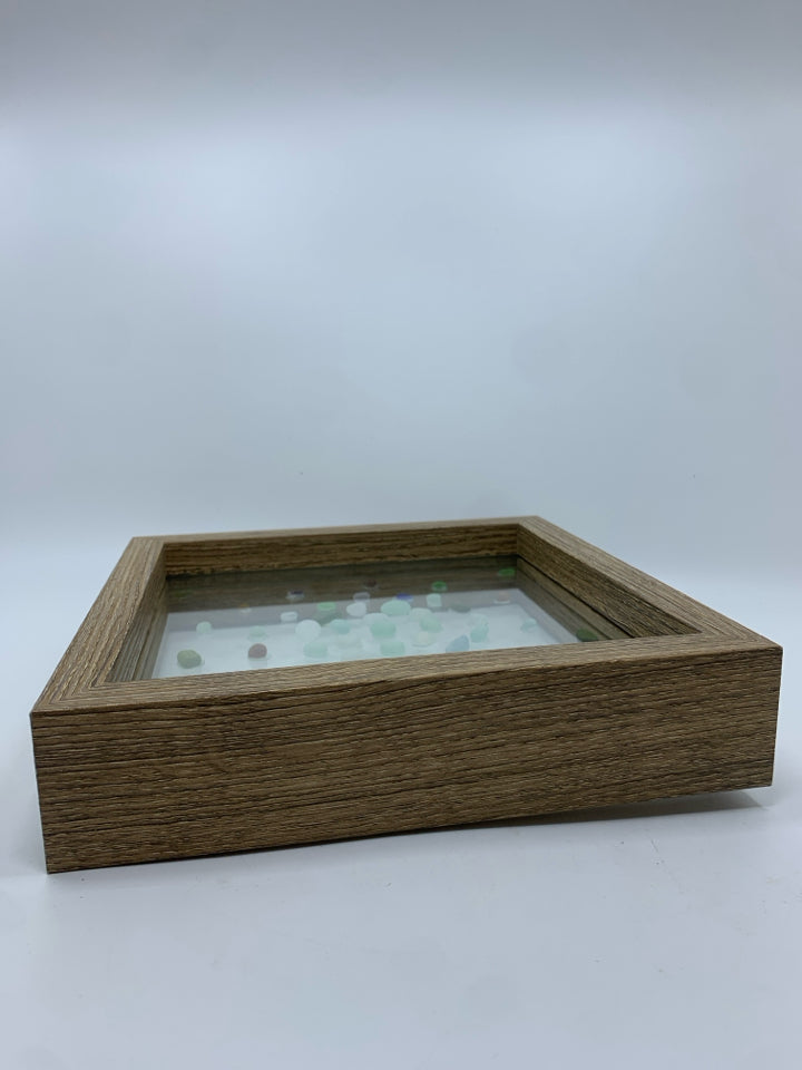 SEAGLASS IN WOOD SHADOWBOX FRAME.