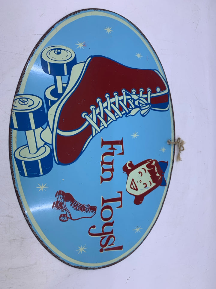 VTG OVAL METAL SIGN ROLLER SKATES FUN TOYS.