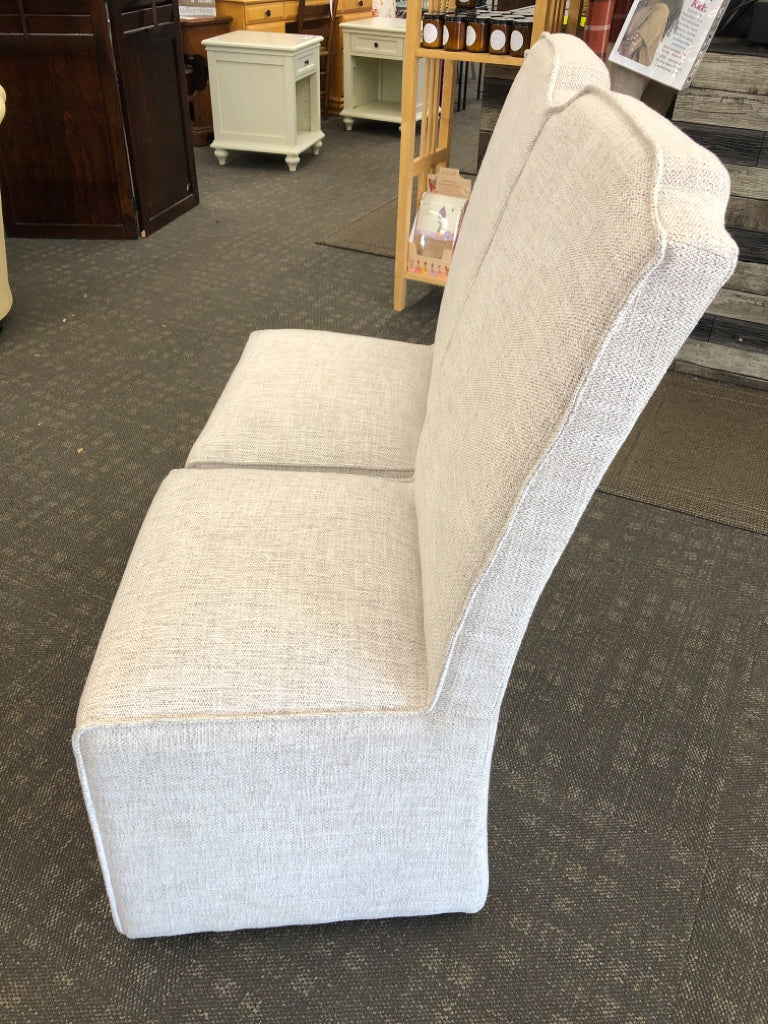 2 GREY WHITE ACCENT SLIPPER CHAIRS W WHEELS.
