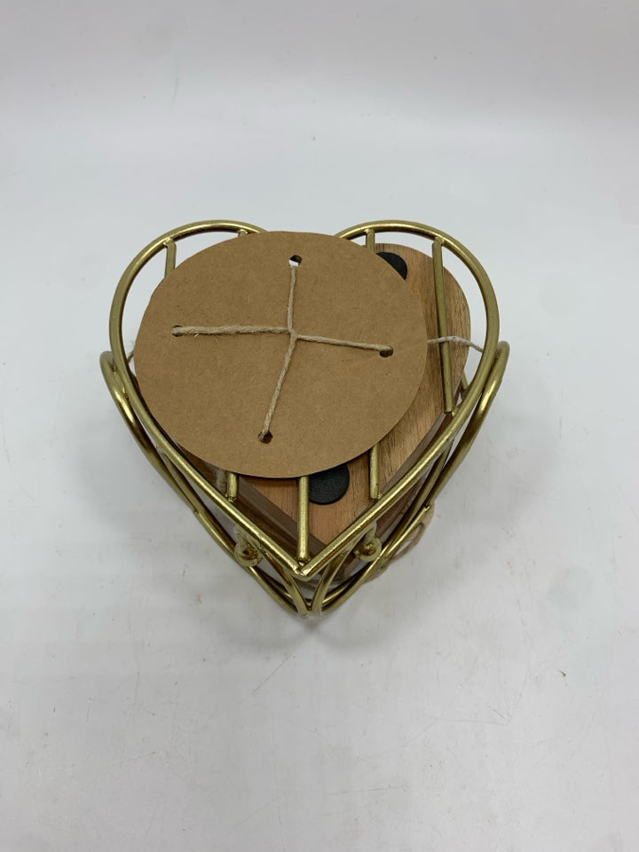 NWT WOODEN HEART COASTERS IN GOLD ORGANIZER.