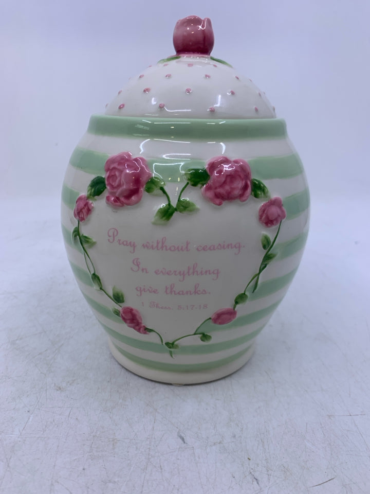 WHITE W/ GREEN STRIPED PRAYER JAR W/ PINK ROSES.