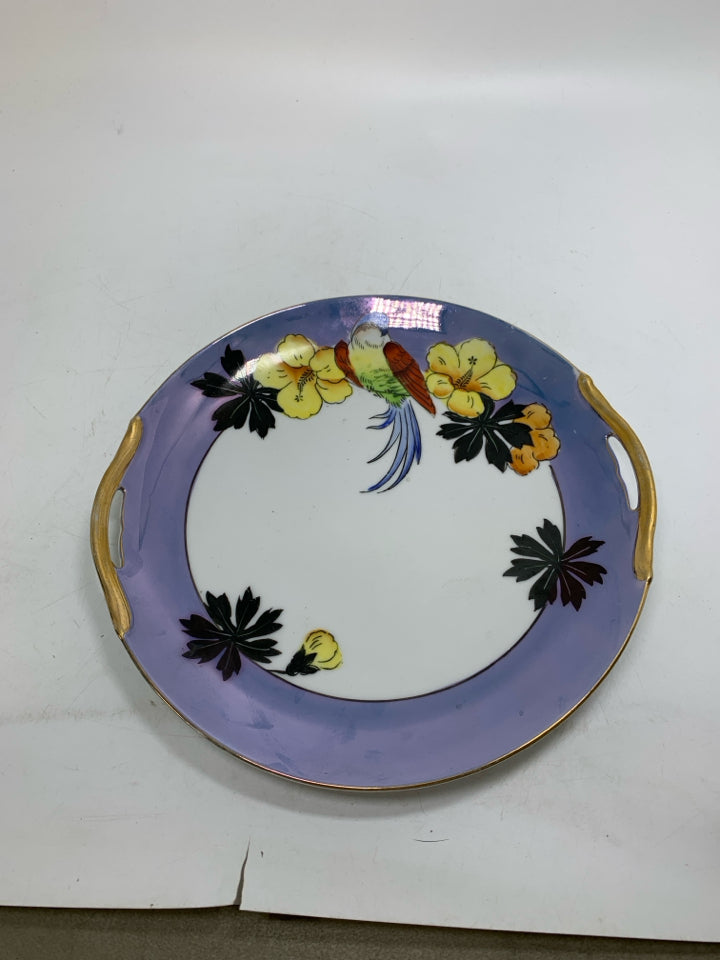 IRIDESCENT BLUE RIM W/ PARROT & FLOWERS PLATE W/ HANDLE.