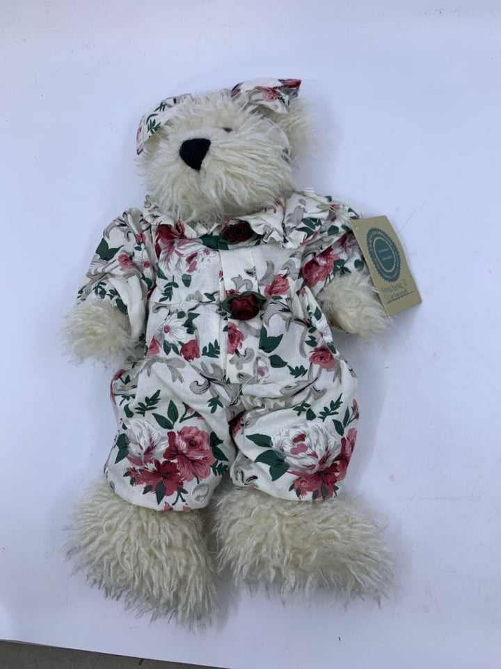 WHITE SHAG BEAR W/ FLORAL JUMPSUIT BOYDS BEAR.
