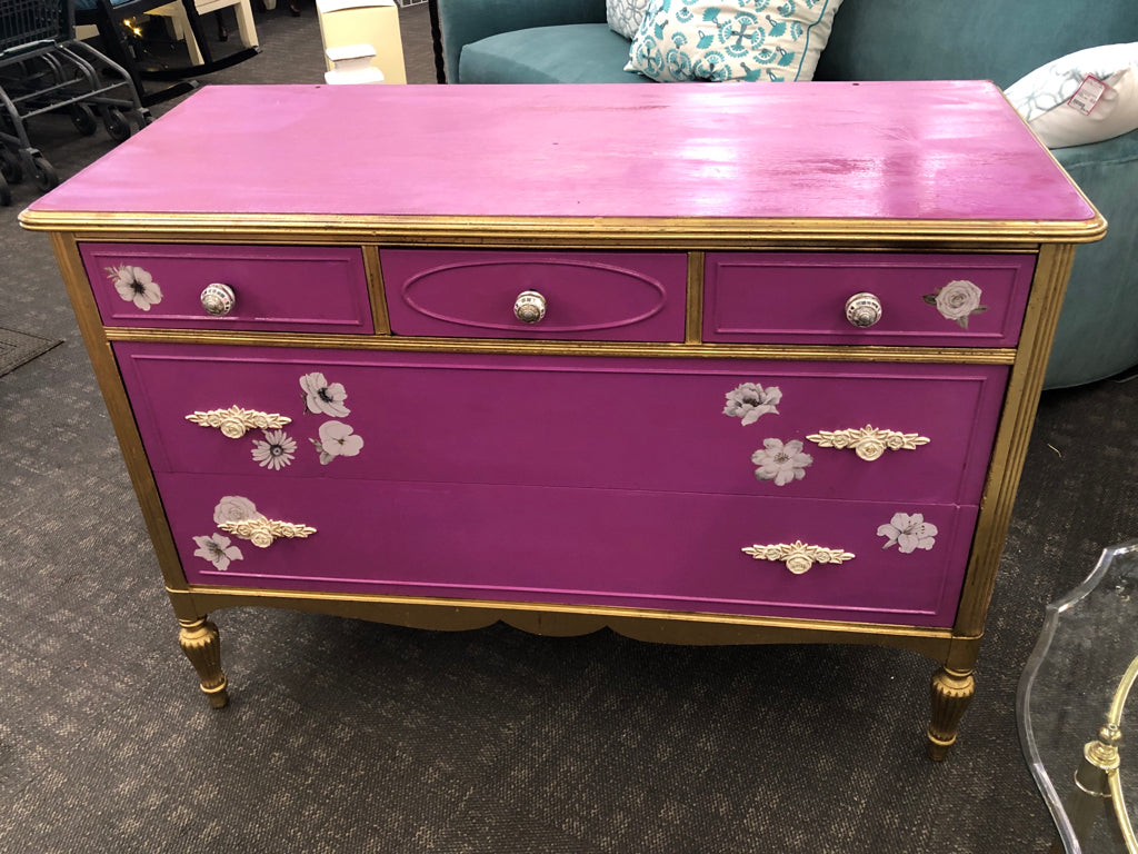 GOLD & PINK DRESSER 5 DRAWERS JEWELED KNOBS PRINTED FLOWERS.