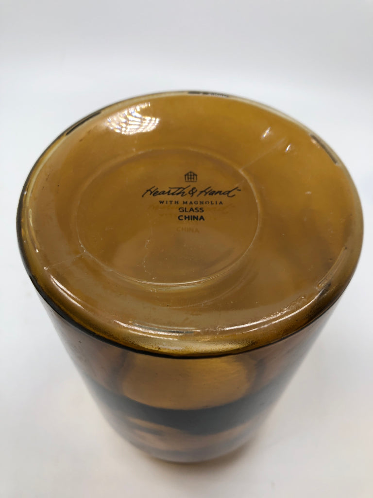 AMBER GLASS CONTAINER W/LID.