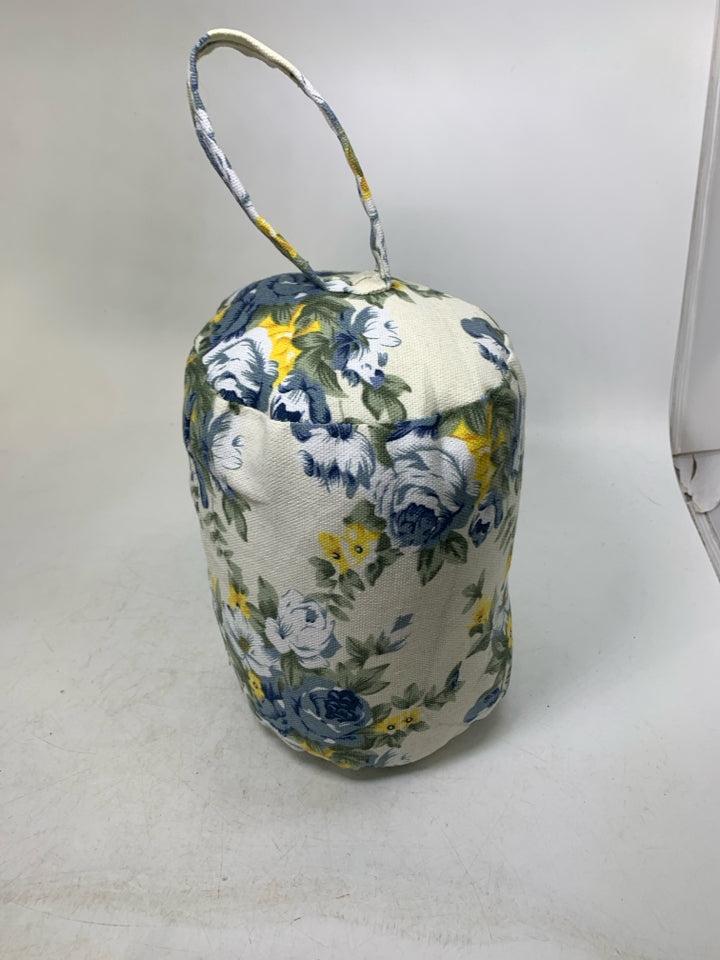 BLUE ROSES FLORAL FABRIC WEIGHTED DOOR STOP.