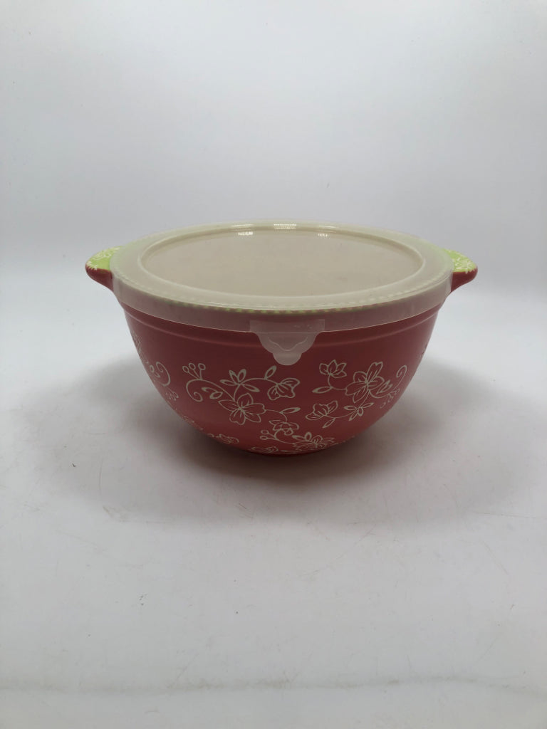 PINK FLORAL LACE BOWL W/PLASTIC LID.