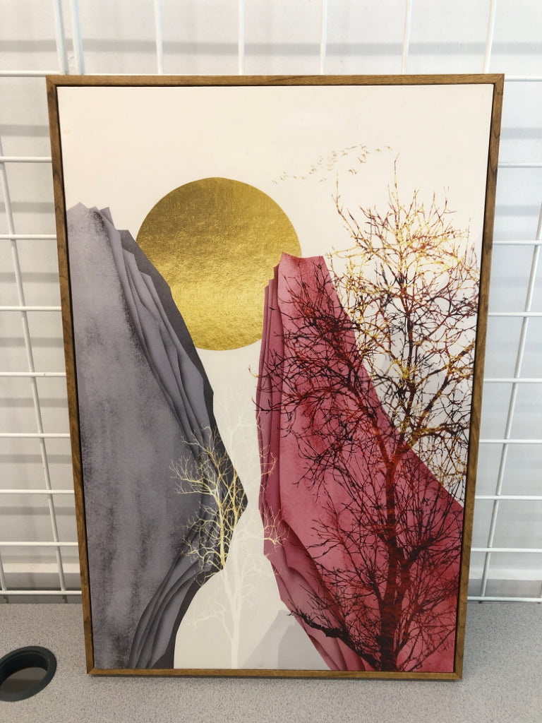 FRAMED ABSTRACT TREE & MOON ON CANVAS.