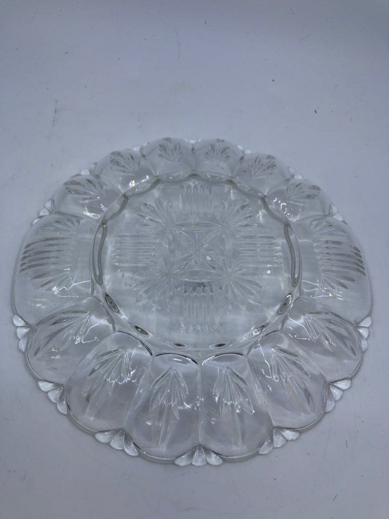 GLASS DEVILED EGG HOLDER W/ ETCHED DETAILS.