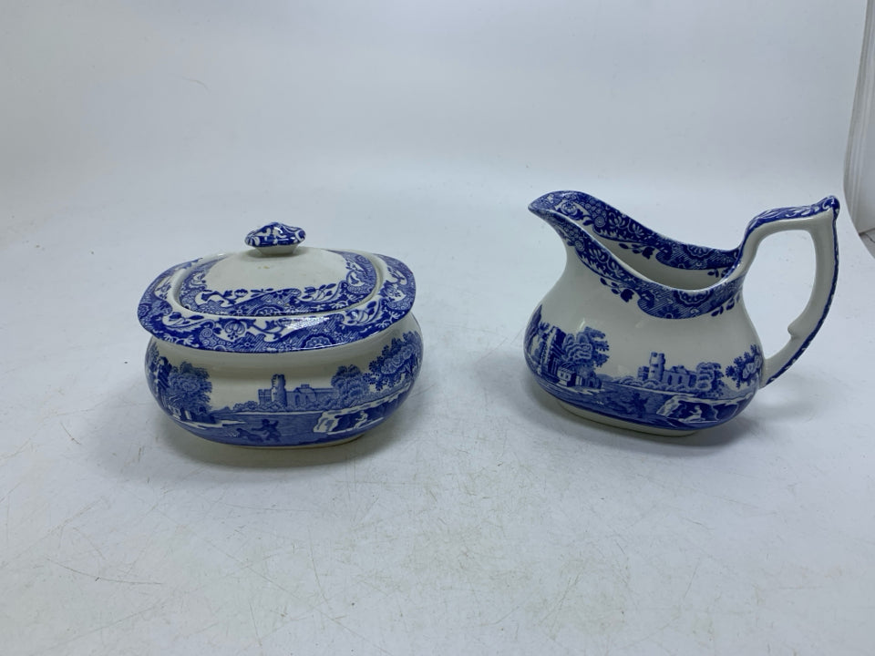 VTG BLUE ITALIAN CREAM & COVERED SUGAR BOWL.