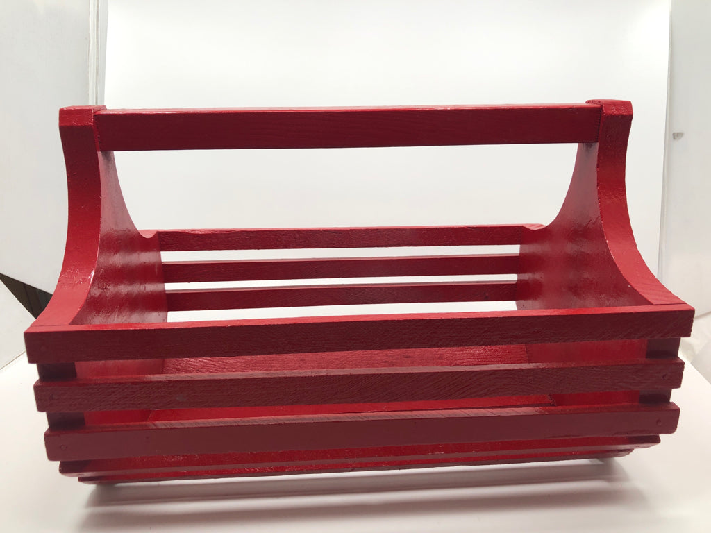 RED PAINTED WOODEN TOOLBOX/BASKET.