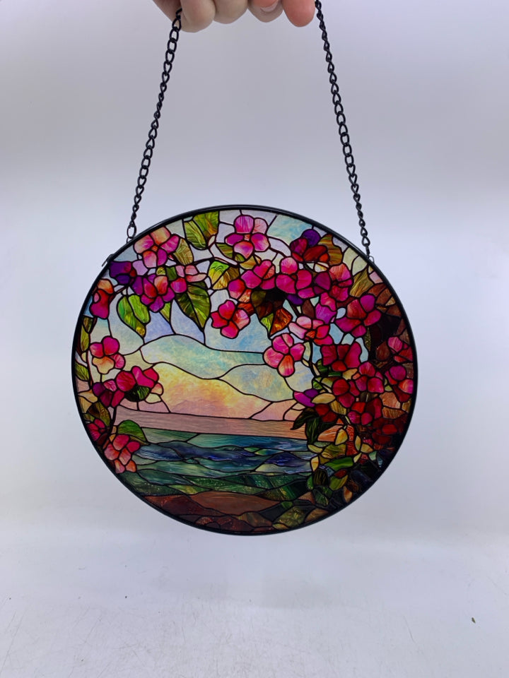 TEXTURED GLASS LANDSCAPE W/ PINK FLOWER BLOSSOMS WALL HANGING.