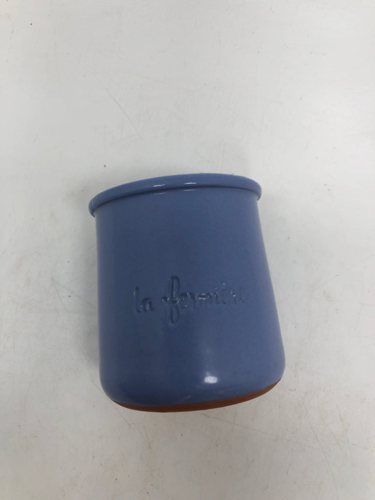 4 LA FERMIERE BLUE GLAZED TERRA COTTA POTS.