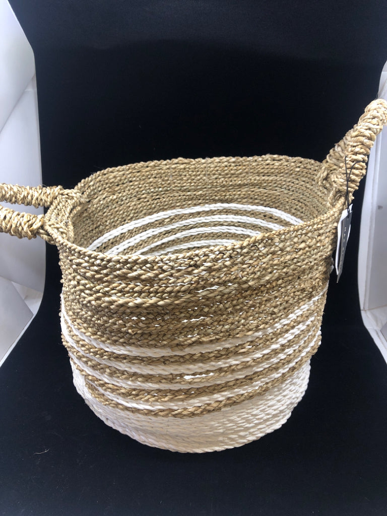 WHITE & BEIGE 2-TONED WICKER BASKET W/HANDLES MAX STUDIO.