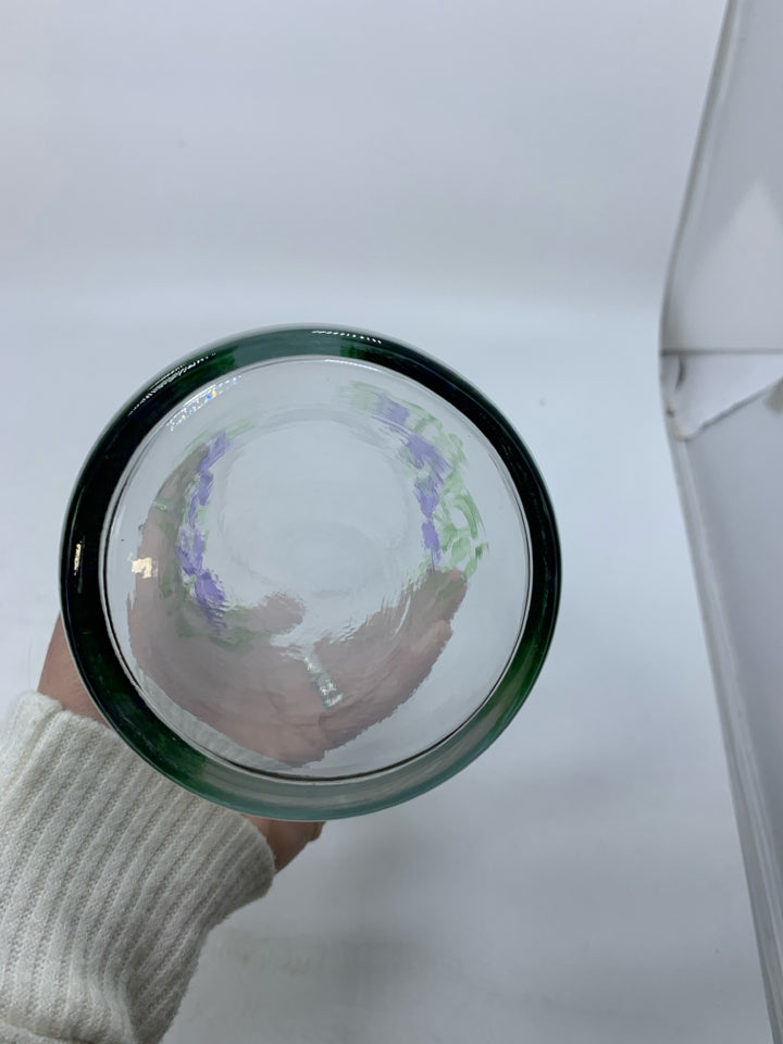CLEAR GLASS CYLINDER VASE W/ PAINTED PURPLE FLOWERS.