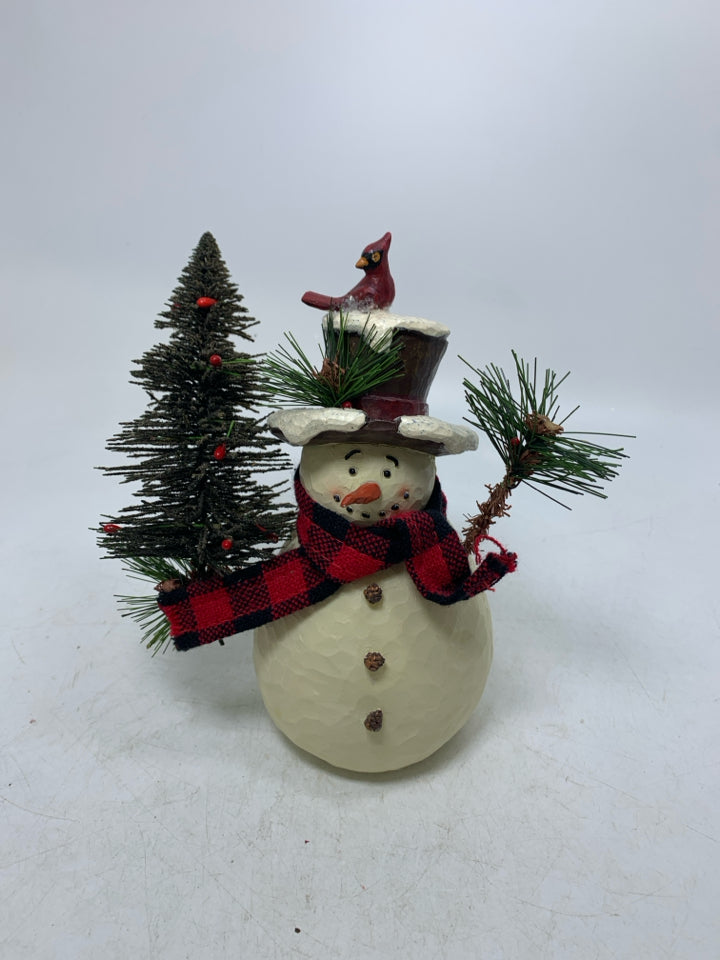 RESIN SNOWMAN HOLDING TREE CARDINAL ON HAT.