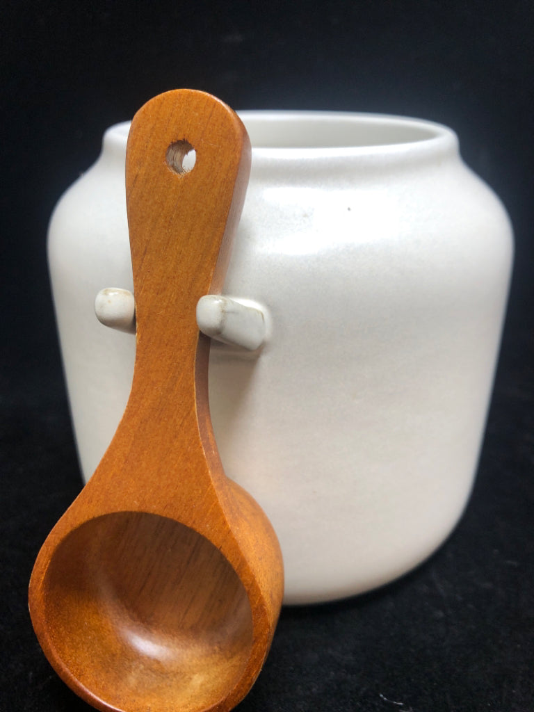 COFFEE CONTAINER W/WOOD LID AND WOOD SPOON.
