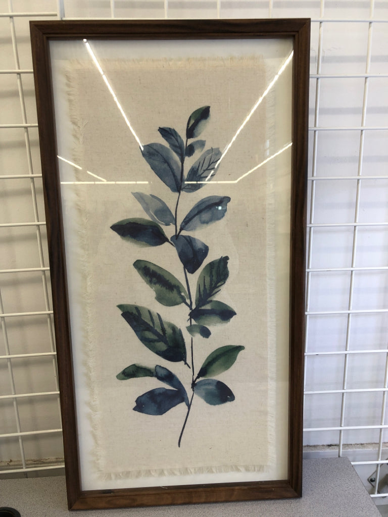 BLUE & GREEN LINEWORK LEAVES FRAMED PRINT ON CLOTH.