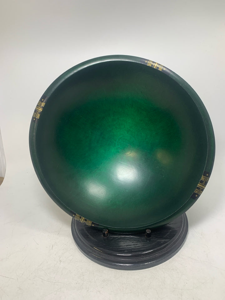 GREEN ASIAN STYLE LARGE BOWL W/ BLACK WOOD STAND.