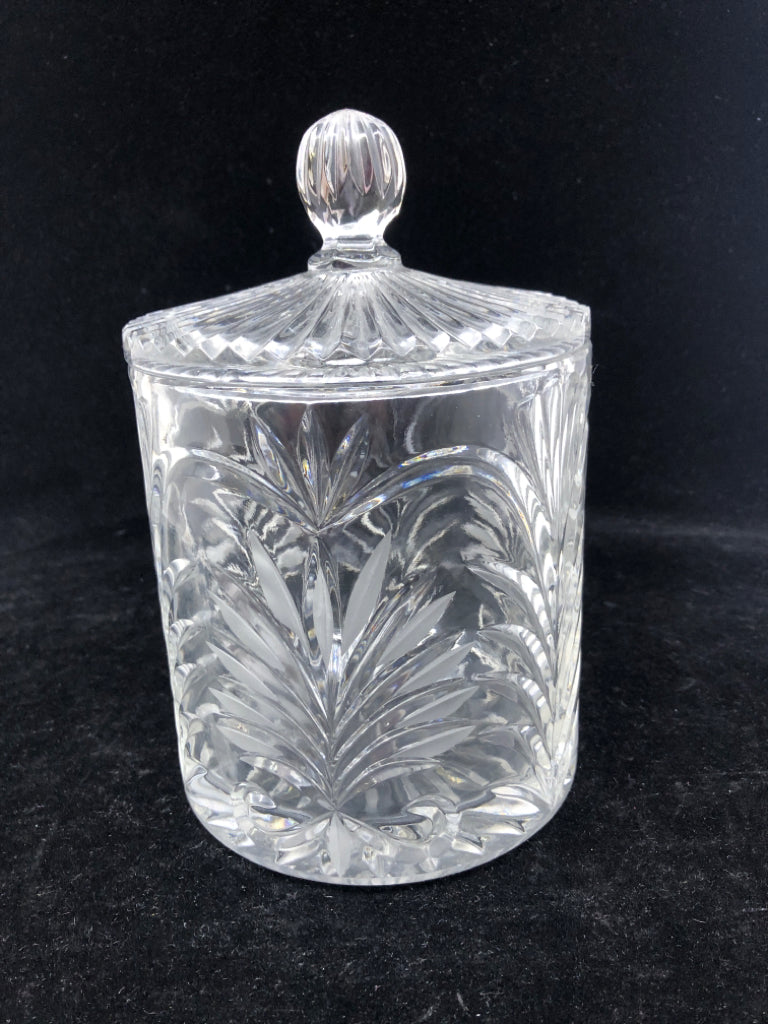 HEAVY CUT GLASS CANISTER W LID.