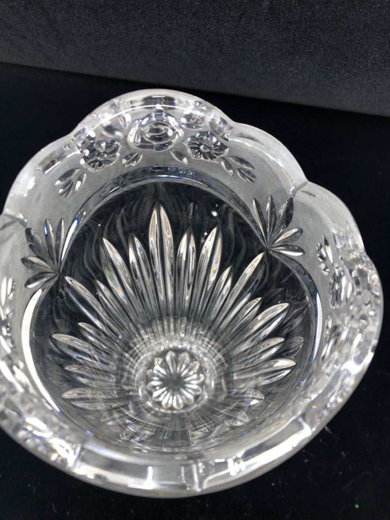 HEAVY CUT GLASS VASE W/EMBOSSED FLOWERS.