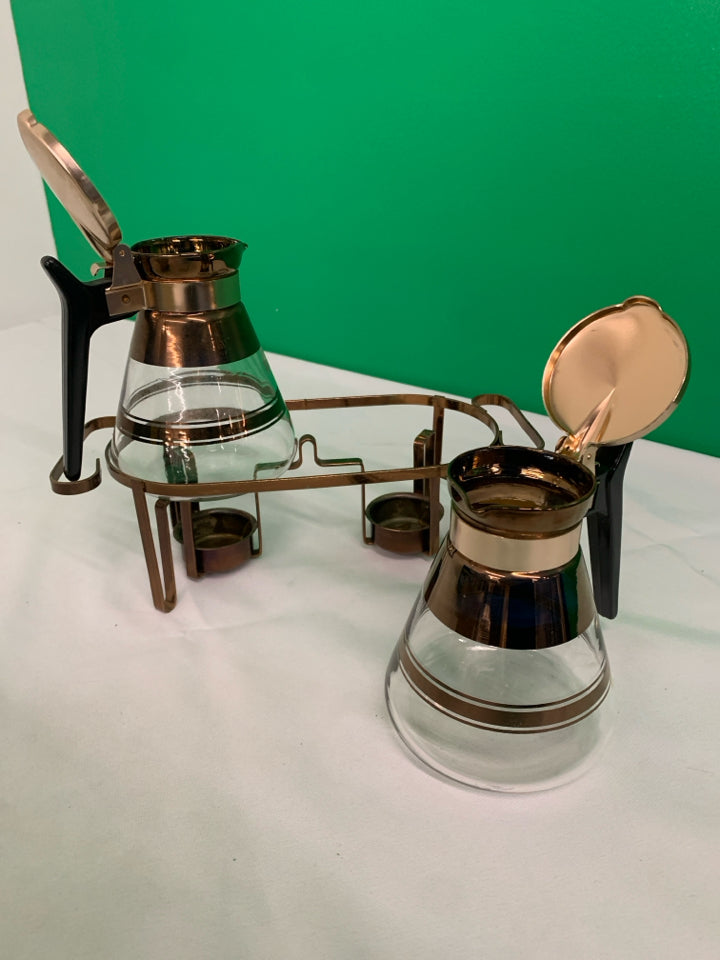 3 PC VTG COPPER TEA SET - 2 CARAFES AND WARMING STAND.