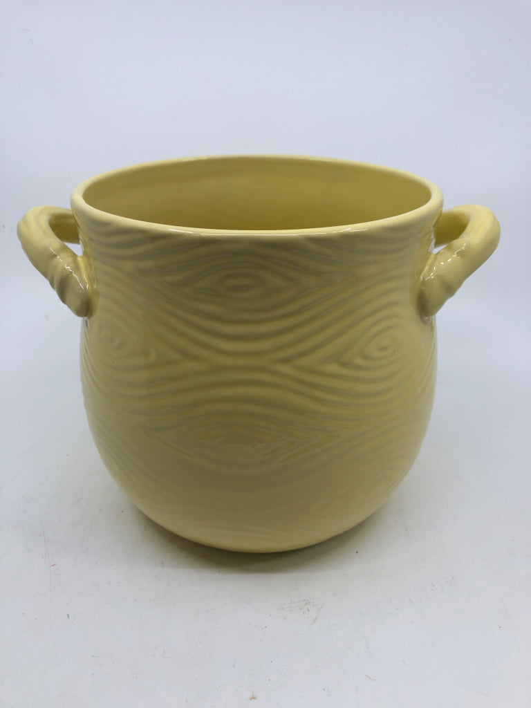 YELLOW TEXTURED TEMPTATIONS CROCK W/ HANDLES.