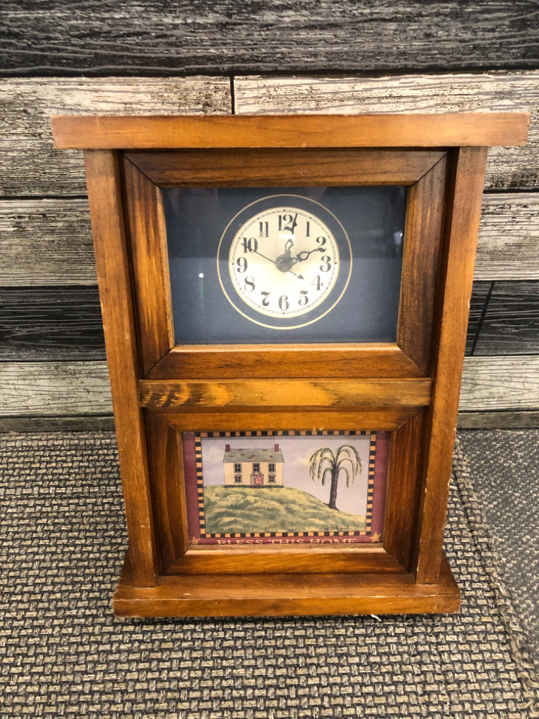 PRIMITIVE WOOD CLOCK W/FARM SCENE.